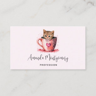 Carte De Visite Cute Kitten dans un Teacup avec les coeurs
