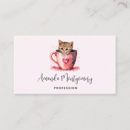 Carte De Visite Cute Kitten dans un Teacup avec les coeurs (Devant)