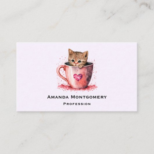 Carte De Visite Cute Kitten dans un Teacup avec les coeurs (Devant)