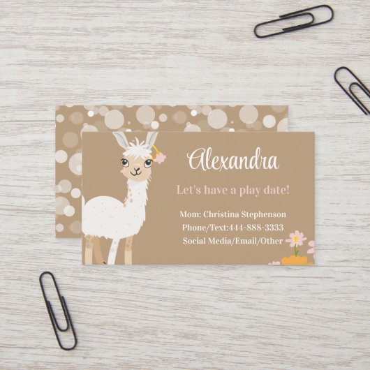 Carte De Visite Cute Llama Kids Childrens Animal Calling Play Date (Devant/Arrière en situation)