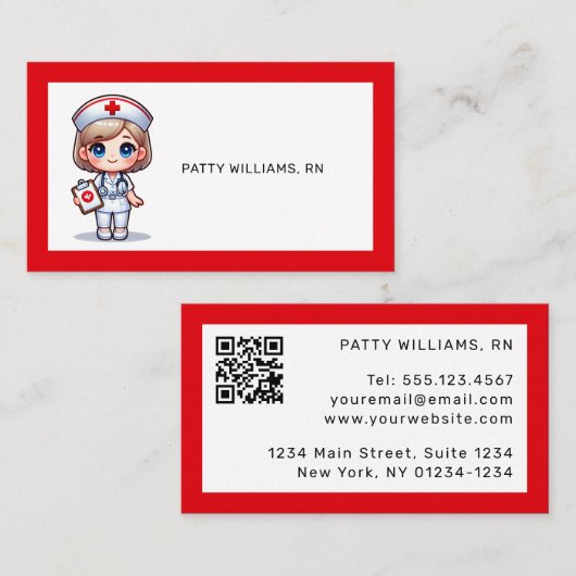Carte De Visite Cute Manga Nurse avec cheveux blonds Code QR (Devant / Derrière)