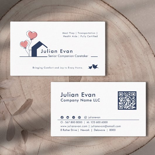 Carte De Visite Cute Navy bleu Maison Blanche Logo Senior Caregide