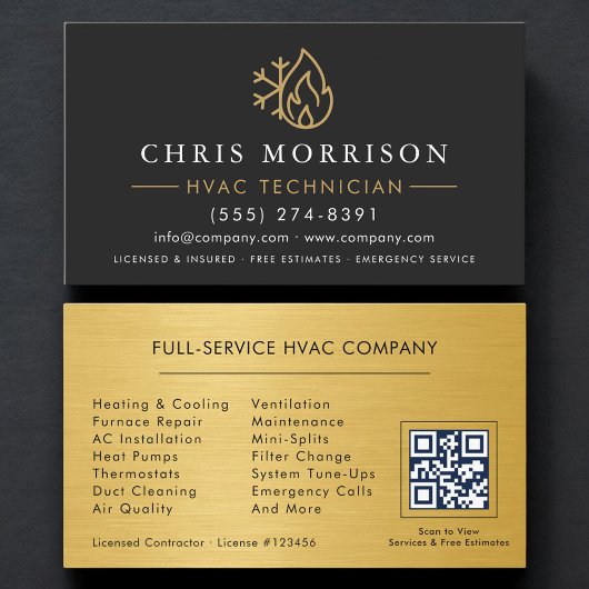 Carte de visite CVC simple moderne Noir Or QR Code