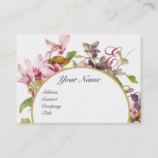 Carte De Visite CYCLAMENS ROSES MONOGRAMME FLORAL ROMANTIQUE, Blan (Devant)