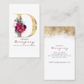 Carte De Visite D Monogramme Bourgogne Fleurs rouges et Faux Gold (Devant / Derrière)