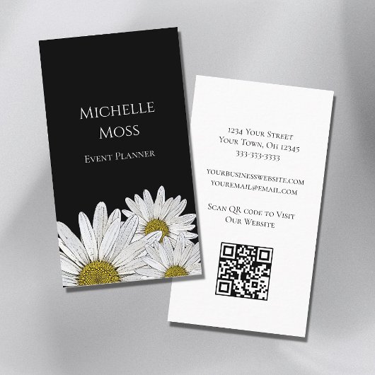 Carte De Visite Daisies modernes QR code Black White Floral