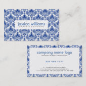 Carte De Visite Damas Florales Bleues Sur Blanc (Devant / Derrière)