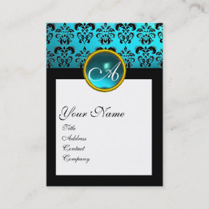 Carte De Visite DAMASK CARRÉ MONOGRAM, bleu turquase aquamarine