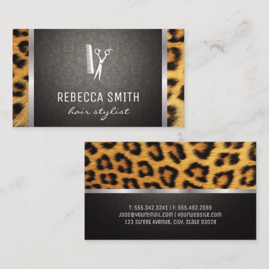 Carte De Visite Damask Cheetah Print Silver Trim (Devant / Derrière)