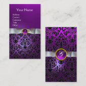 Carte De Visite DAMASK MONOGRAM gemme blanc violet ruban (Devant / Derrière)