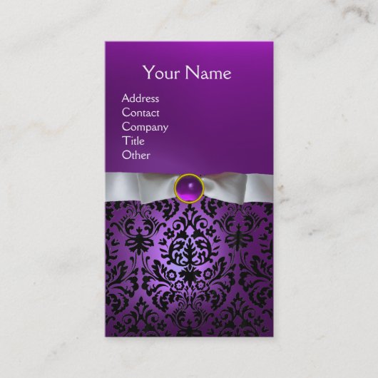 Carte De Visite DAMASK MONOGRAM gemme blanc violet ruban (Devant)