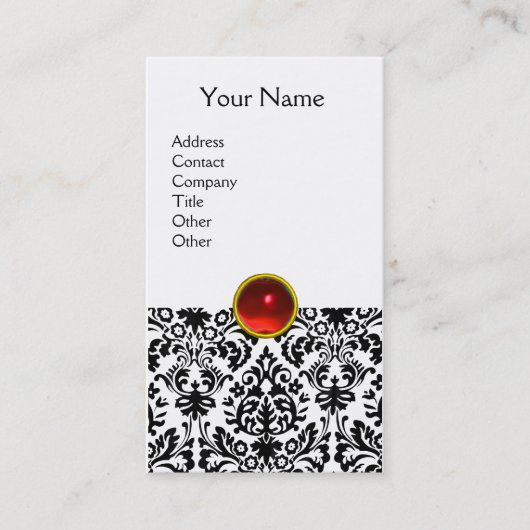 Carte De Visite DAMASK MONOGRAM gemme rouge rubis clair blanc (Devant)