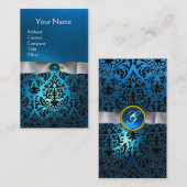 Carte De Visite DAMASK MONOGRAM joyau bleu blanc ruban (Devant / Derrière)