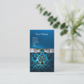 Carte De Visite DAMASK MONOGRAM joyau bleu blanc ruban (Debout devant)