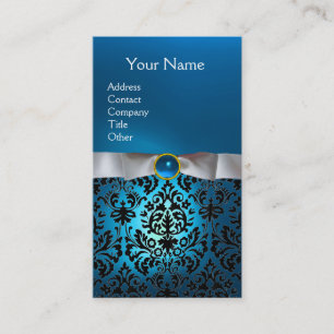Carte De Visite DAMASK MONOGRAM joyau bleu blanc ruban