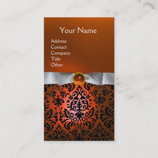 Carte De Visite DAMASK MONOGRAM joyau orange ruban blanc (Devant)