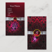 Carte De Visite DAMASK MONOGRAM joyau rouge bordeaux blanc ruban (Devant / Derrière)