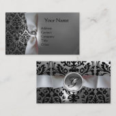 Carte De Visite DAMASK MONOGRAM ruban blanc noir (Devant / Derrière)