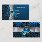 Carte De Visite DAMASK MONOGRAM ruban blanc noir bleu (Devant / Derrière)