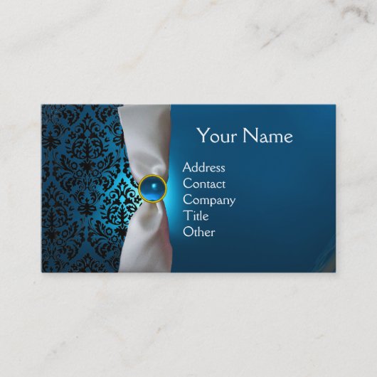 Carte De Visite DAMASK MONOGRAM ruban blanc noir bleu (Devant)