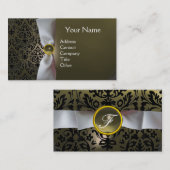 Carte De Visite DAMASK MONOGRAM ruban blanc noir gris (Devant / Derrière)