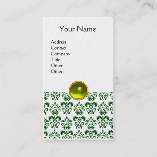 Carte De Visite DAMASK SOMBRE VERT MONOGRAM Joyau jaune perle blan (Devant)