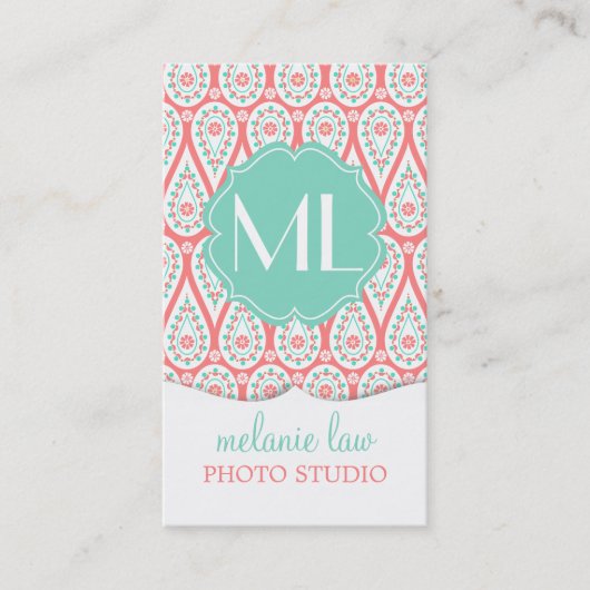 Carte De Visite Damassé élégante moderne Paisley de corail (Devant)
