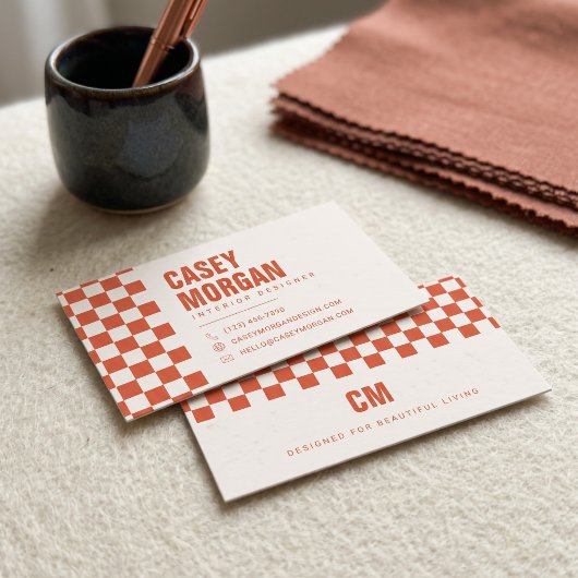 Carte De Visite Damier Moderne Orange Brûlé