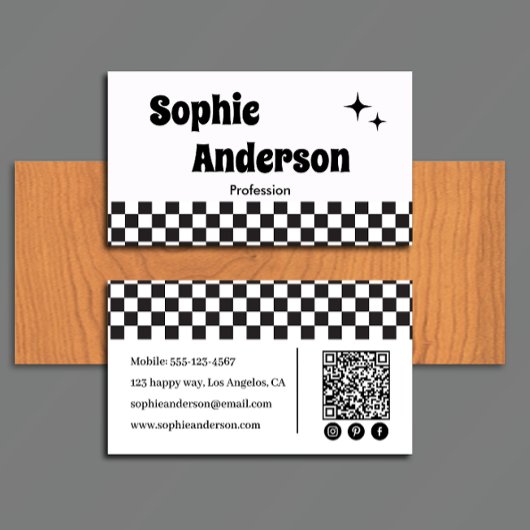 Carte De Visite Damier noir et blanc rétro avec code QR