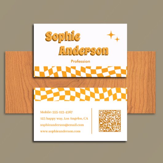Carte De Visite Damier Orange Rétro avec Code QR