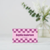 Carte De Visite Damier Rétro Rose et Violet avec Code QR (Debout devant)