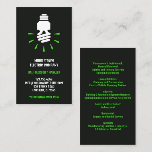 Carte de visite d'ampoule électrique (Devant / Derrière)