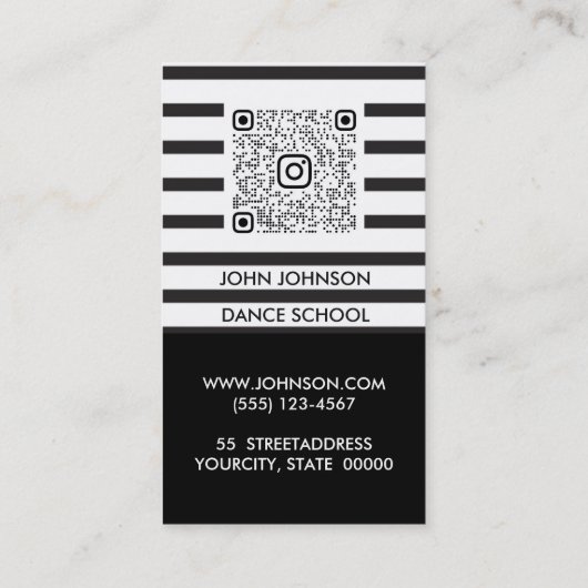 Carte De Visite Dance School Black White Stripes QR Code (Dos)