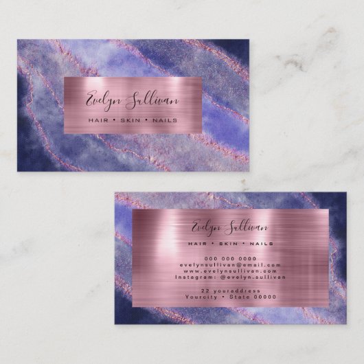 Carte de visite d'aquarelle bleu Rose d'or (Devant / Derrière)