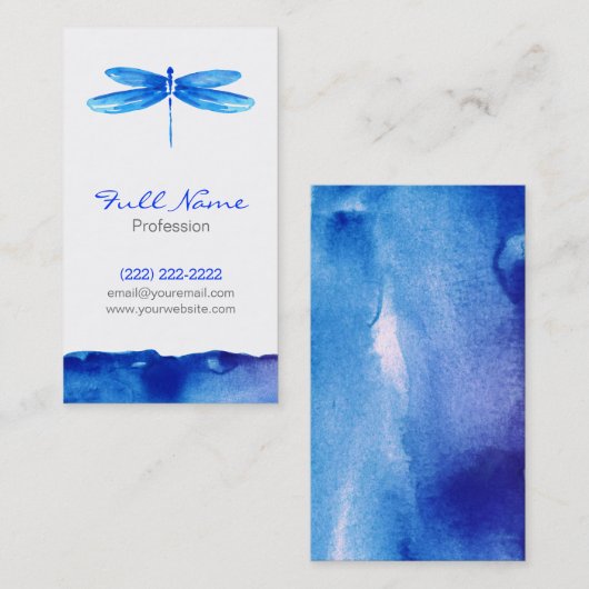 Carte de visite d'aquarelle, libellule bleue (Devant / Derrière)