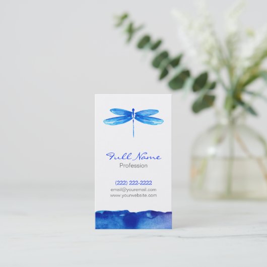 Carte de visite d'aquarelle, libellule bleue (Debout devant)