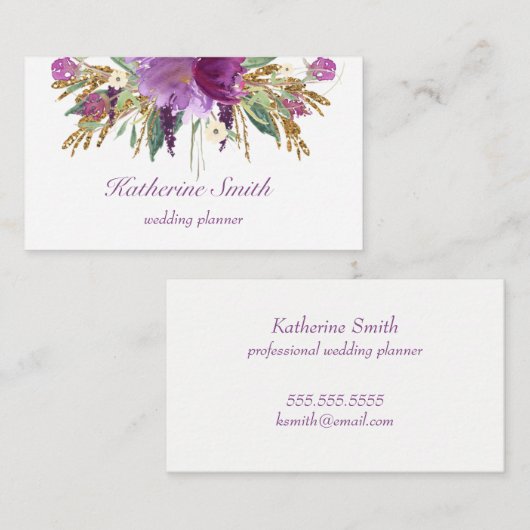 Carte de visite d'aquarelle violet et or (Devant / Derrière)