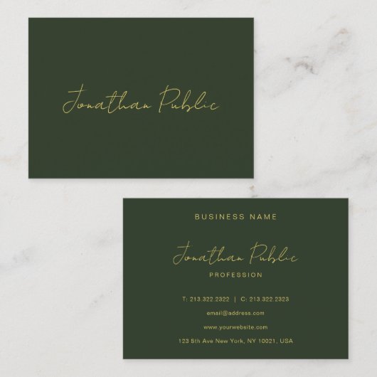 Carte De Visite Dark Green Stylish Hand Script Gold Text Template (Devant / Derrière)
