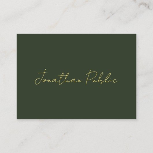 Carte De Visite Dark Green Stylish Hand Script Gold Text Template (Devant)