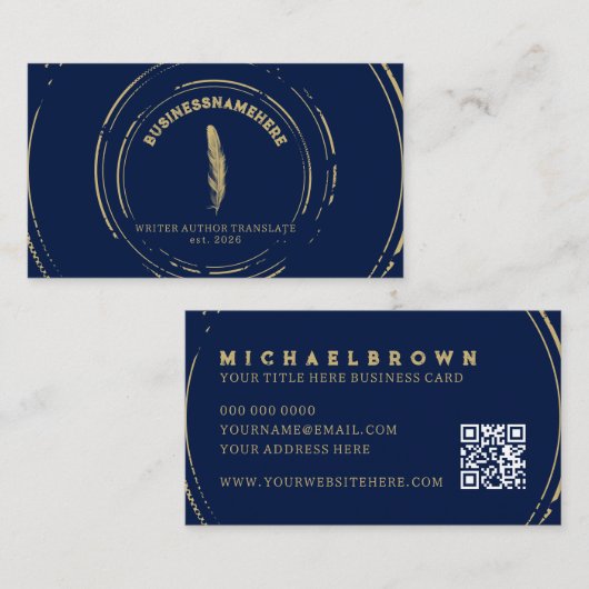 Carte De Visite Dark Navy Writer Mobile Notaire Gold QR Code (Devant / Derrière)