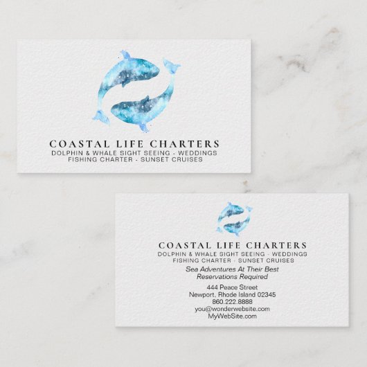 Carte De Visite *~* Dauphins d'aquarelle côtière jouant blanc (Devant / Derrière)