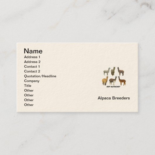 Carte de visite de Alpaca Breeder (Devant)