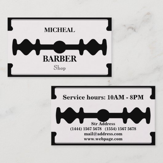 Carte de visite de barbier de lame simple en Razor (Devant / Derrière)