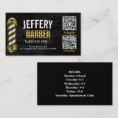 Carte de visite de barbier noir et or avec QR Code (Devant / Derrière)