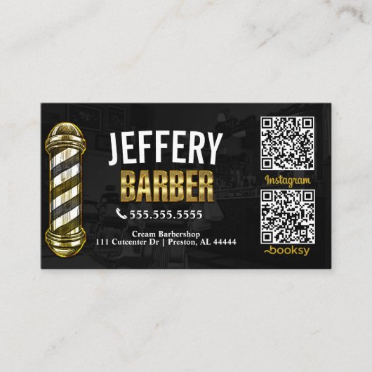 Carte de visite de barbier noir et or avec QR Code (Devant)