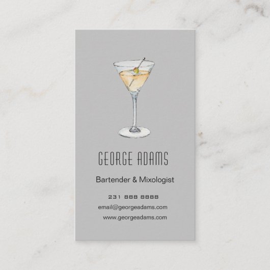 Carte de visite de barman moderne gris Martini (Devant)