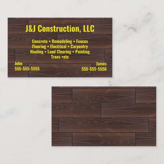 Carte de visite de bois de la société de construct (Devant / Derrière)