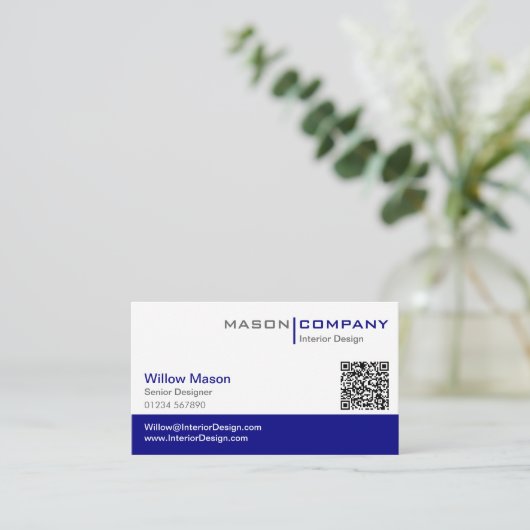 Carte de visite de code QR élégant bleu et blanc c (Debout devant)