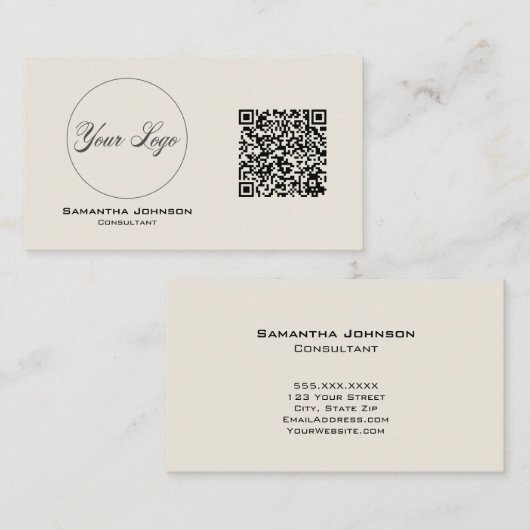 Carte de visite de code QR moderne noir et crème (Devant / Derrière)