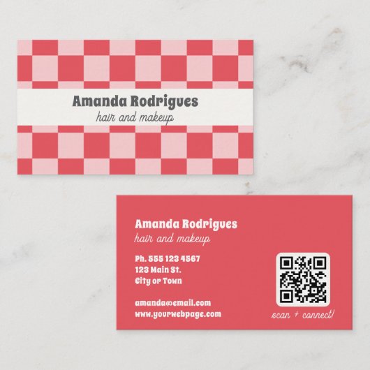 Carte de visite de coiffeur à code QR à carreaux r (Devant / Derrière)